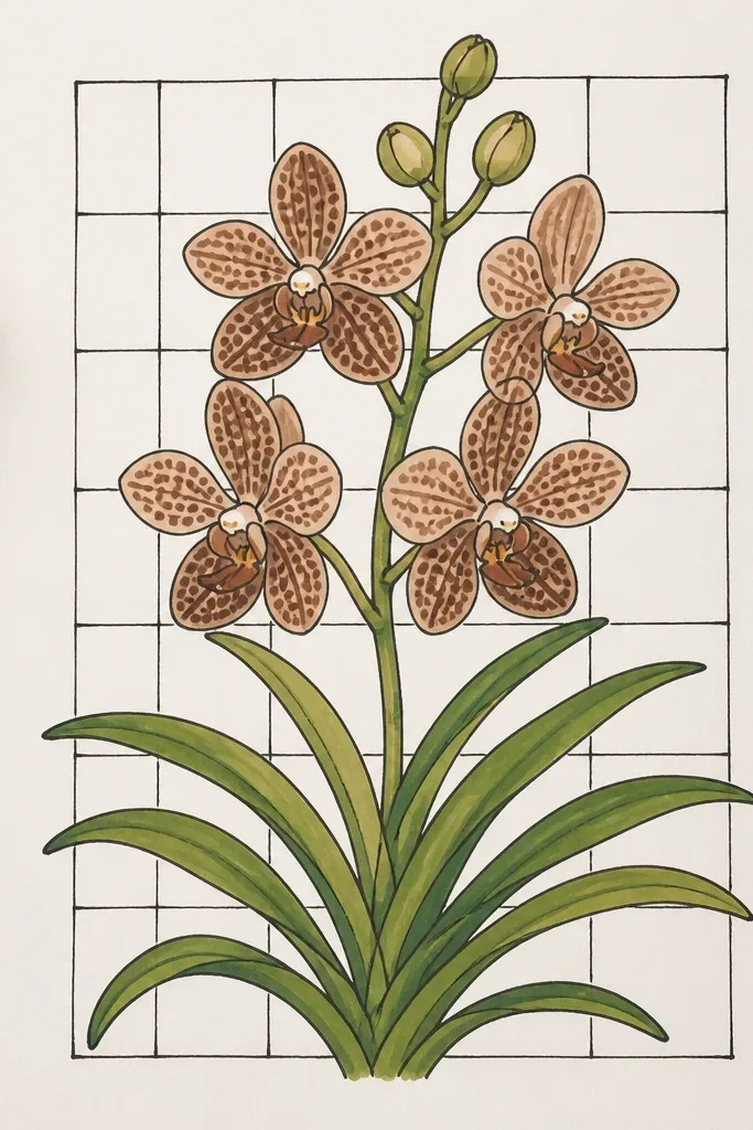 A Vanda orchid drawing with sepia ink, and a faint grid of thin lines behind it; tiny botanical marks sit at grid intersections.