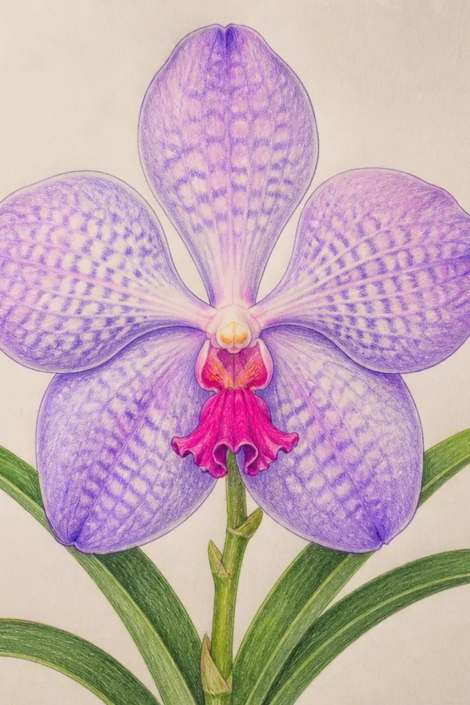 Lavender and soft lilac petals with a center lip painted in neon pink; the background is pale gray and the stem is drawn with a dark charcoal line.