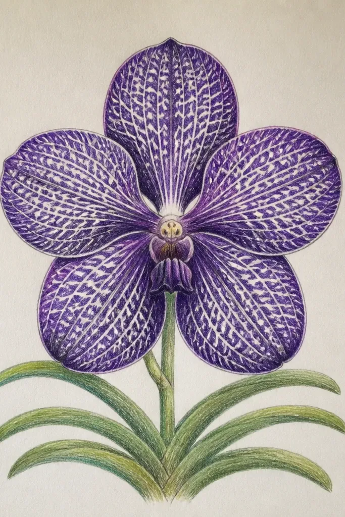 A mostly gray orchid drawing with cool gray petals and a silver leaf vein pattern; the background is soft white with faint speckling.