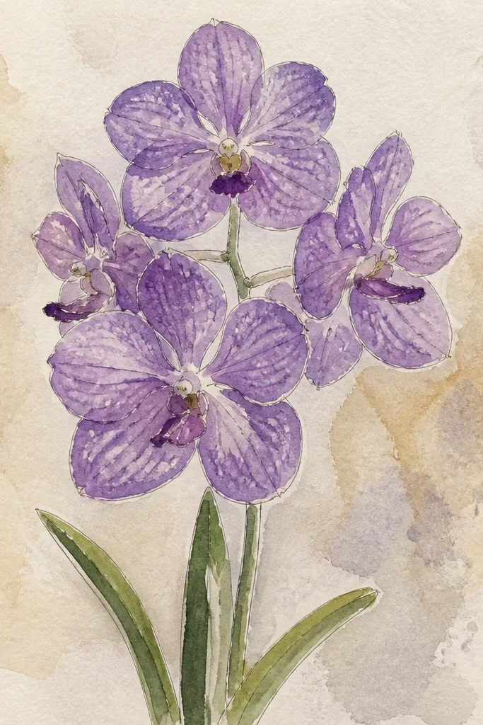 A Vanda orchid drawing on paper with faint leaf vein textures in the background; the orchid petals are painted in warm magenta and pale yellow lip.