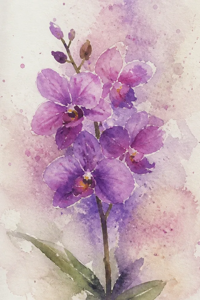 A Vanda orchid with a clean, detailed center and a controlled halo of watercolor splatters in fuchsia and pale gold around the lower stem area.