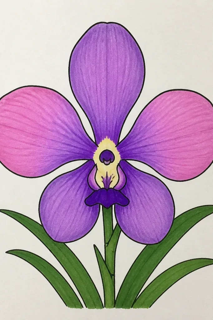 Vanda orchid drawing with petals fading from deep purple at the base to soft pink at the outer edges; a small dark dot sits at the center near the lip.