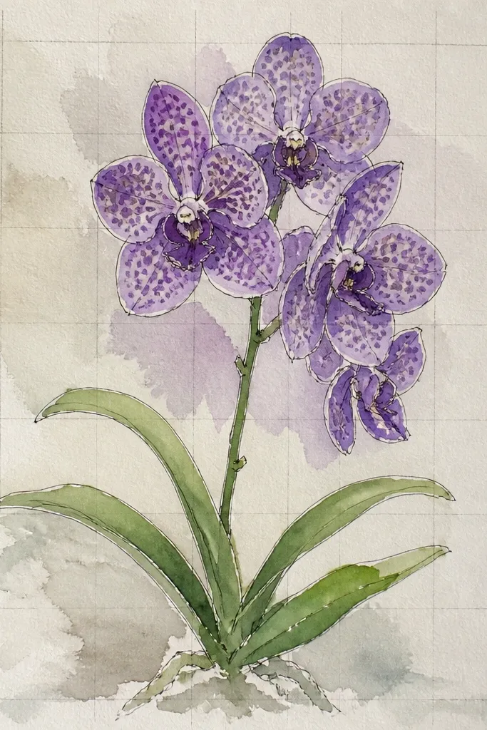 A Vanda orchid drawing over a watercolor wash backdrop with faint watercolor grid lines; the orchid is in bright orchid pink with a pale yellow lip.