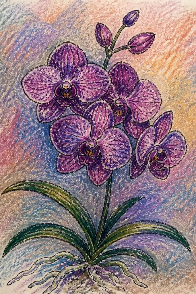 A Vanda orchid with charcoal-black outlines and pastel pink and peach textured background; petals are softly filled with diluted color and the lip is creamy yellow.