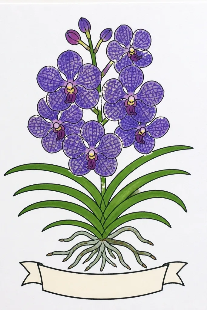 A Vanda orchid drawing with a narrow vintage label strip beneath it, handwritten script, and a simple border; the orchid is purple with a pale yellow lip.