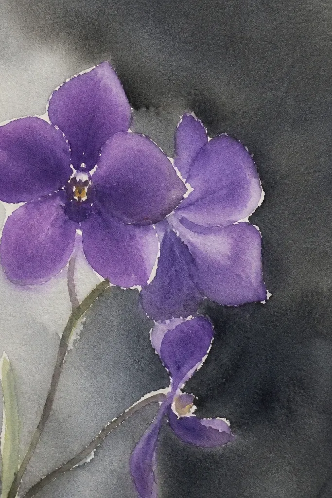 A Vanda orchid drawing on dark charcoal paper, with bright magenta petals, a pale green-yellow lip, and crisp white highlights on petal edges and veins.