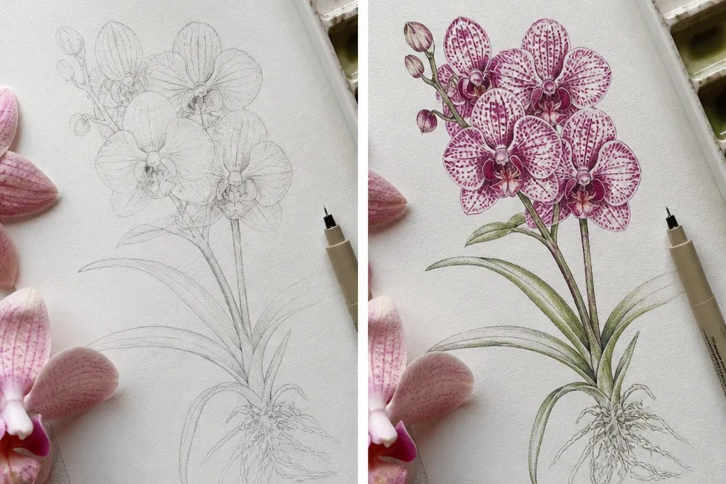 Vanda Orchid Drawing before and after
