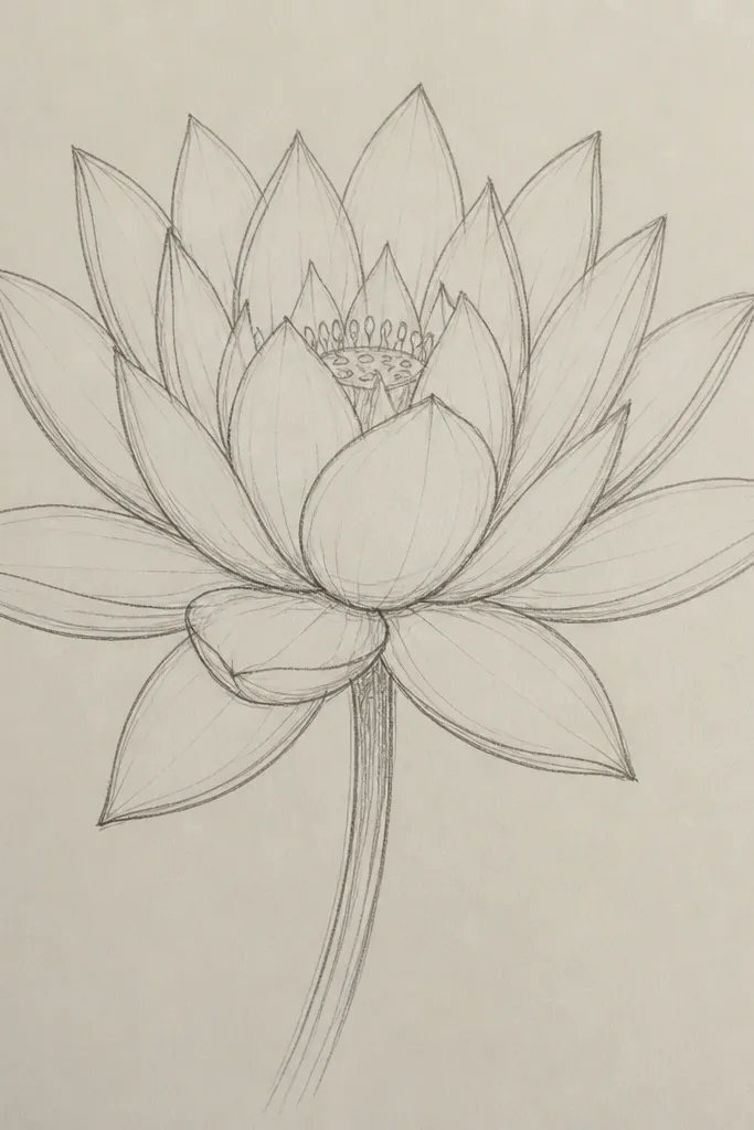 A single water lily facing slightly left. Petals are soft peach with pale cream highlights on the upper left edges and a muted rose shadow on the lower right. The center shows a tight dot cluster with thin curved stamens drawn in warm brown. Behind it, the background is a smooth wash of light teal with a faint darker streak.