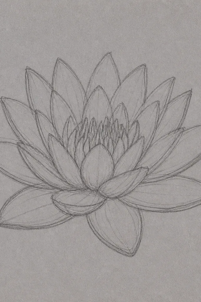 A water lily drawn in graphite on mid-gray paper. Petals appear as lighter gray and near-white highlights carved with an eraser. The center is dark with a dense cluster of small marks. The leaf is a soft oval with a darker rim and a pale crease line. The background stays mostly gray with a few smudged misty patches.