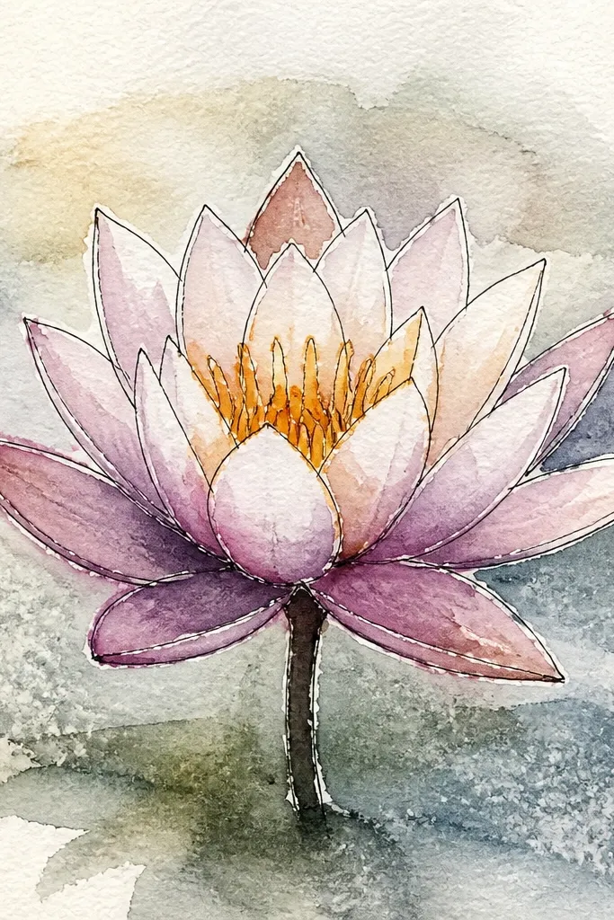 A watercolor water lily floating above a pale green-blue pond. Petals are translucent lavender-pink with darker veining suggested by thin lines. Several crystals sparkle across the background where salt was sprinkled. The leaf is a soft dark green oval with a few curved vein lines.