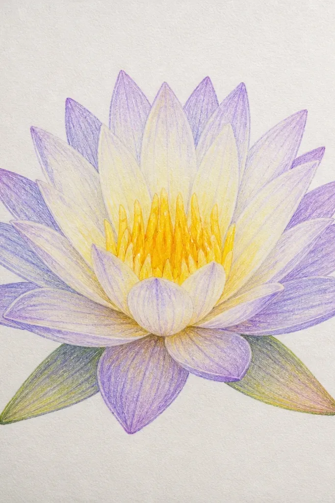 A colored pencil drawing of a water lily on white paper. Petals are pale cream with muted peach shading, and each petal has fine vein lines that look slightly glossy. The center shows warm ochre dots and thin brown stamens. The leaf has a darker green edge and a lighter inner fold line.