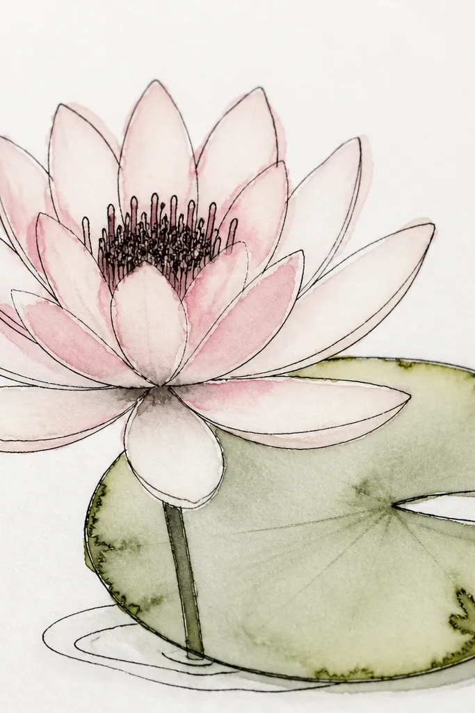 A water lily outlined in fine black ink, with petals filled in pale watercolor washes. The edges of the petals show slight bleeding watercolor, creating a soft halo. The center is ink-dotted with dark stamens. The leaf is outlined and filled with a thin green wash, with a few intentional ink blooms near the rim.
