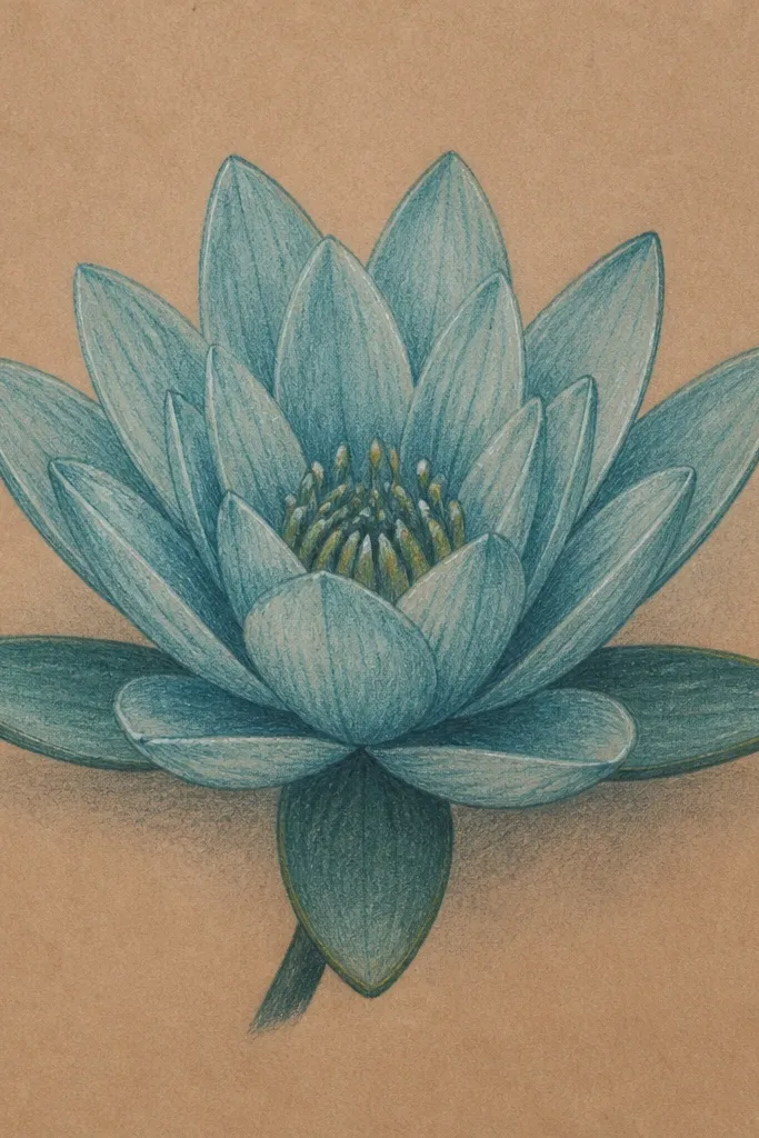 A water lily drawing on kraft paper. Petals are layered in teal and blue-green, with the brightest highlights left as kraft. The center is darker teal with fine stamens in near-black. The leaf is a deep blue-green oval with a lighter crease. Background is minimal, just a few soft smudges around the flower.