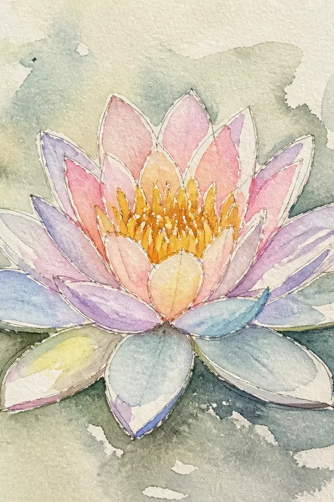 A water lily with petals shaded in concentric pastel bands. Each petal has subtle ring-like color shifts from pale pink at the base to mint and baby blue toward the edges. The center is yellow-ochre with tiny dots. The background is a soft gradient wash of very pale blue.