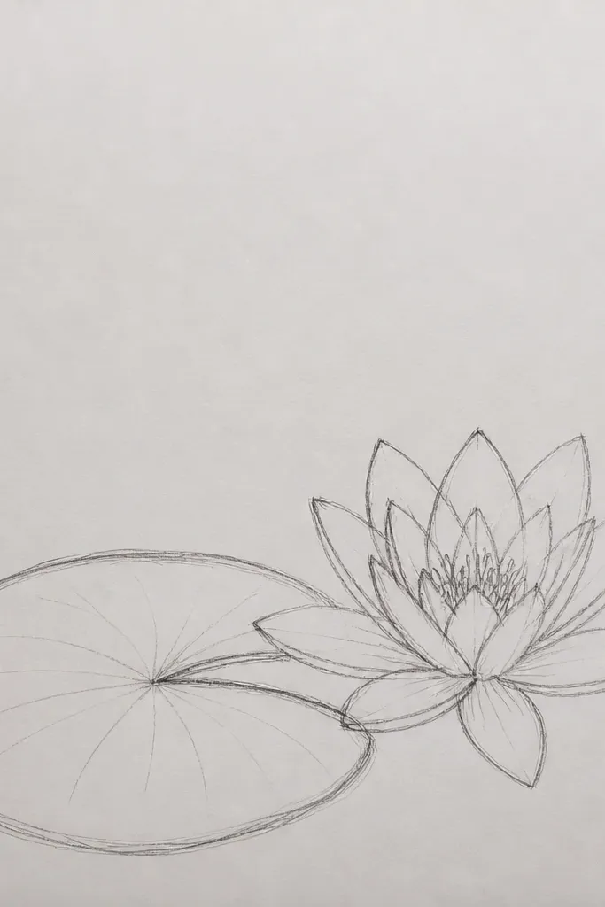 A large water lily leaf dominates the page, drawn in soft green with a darker rim. The water lily flower is small in the corner, partially tucked behind the leaf. There's lots of white negative space around the leaf, with only a faint teal wash near the bottom.