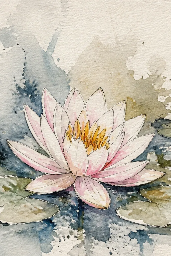 A water lily in the foreground with clean petals and a detailed center. Behind it, there are controlled ink splatters and droplets in teal and pale green, like pond spray. The splatters stop short of the flower edges, leaving a clear halo around the lily.