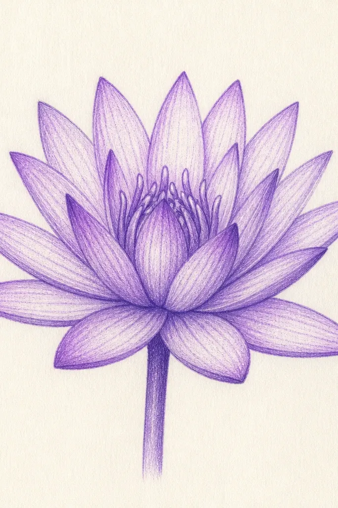 A clean monoline drawing of a water lily. Petals are outlined with a single thin dark line, and shading is done with one light-to-dark tone of the same color. The center has tiny dot shading, and the leaf has a simple rim and one crease line. Background is white with a few light colored pencil smudges.