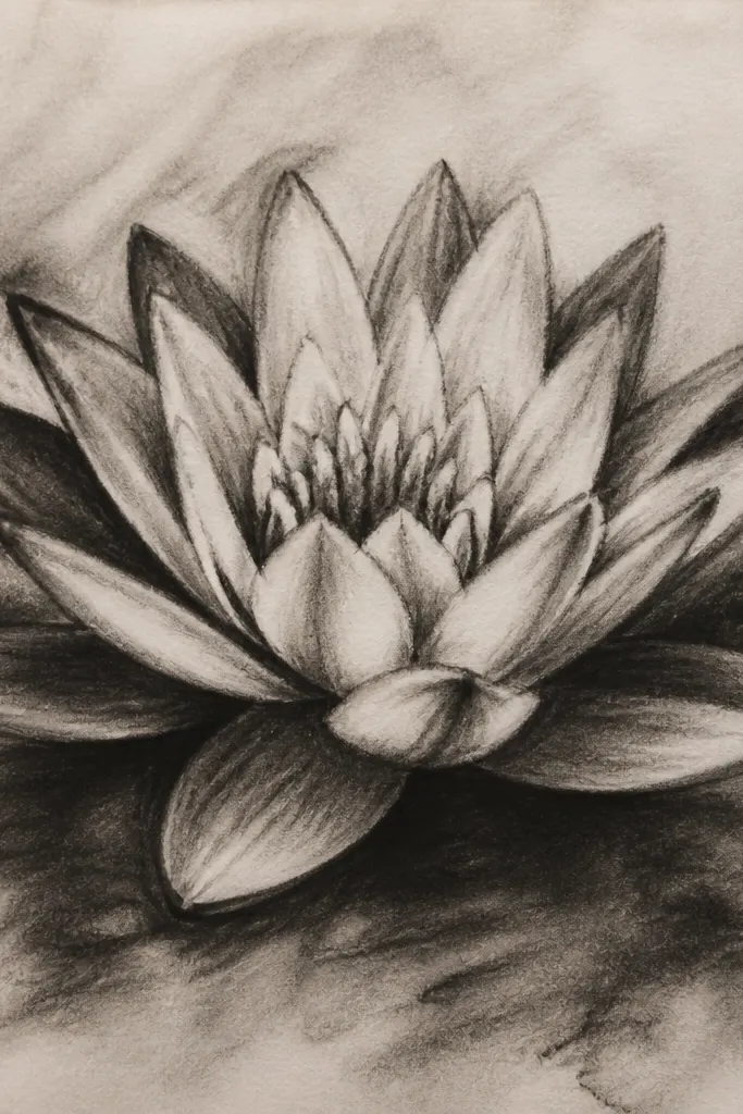 A water lily drawn in soft charcoal. Petals are smoky gray with smooth gradients and lifted highlights. The center is dark and textured with charcoal dots. The leaf has a darker rim with a lighter crease line. The background is smudged into a gentle gray mist.