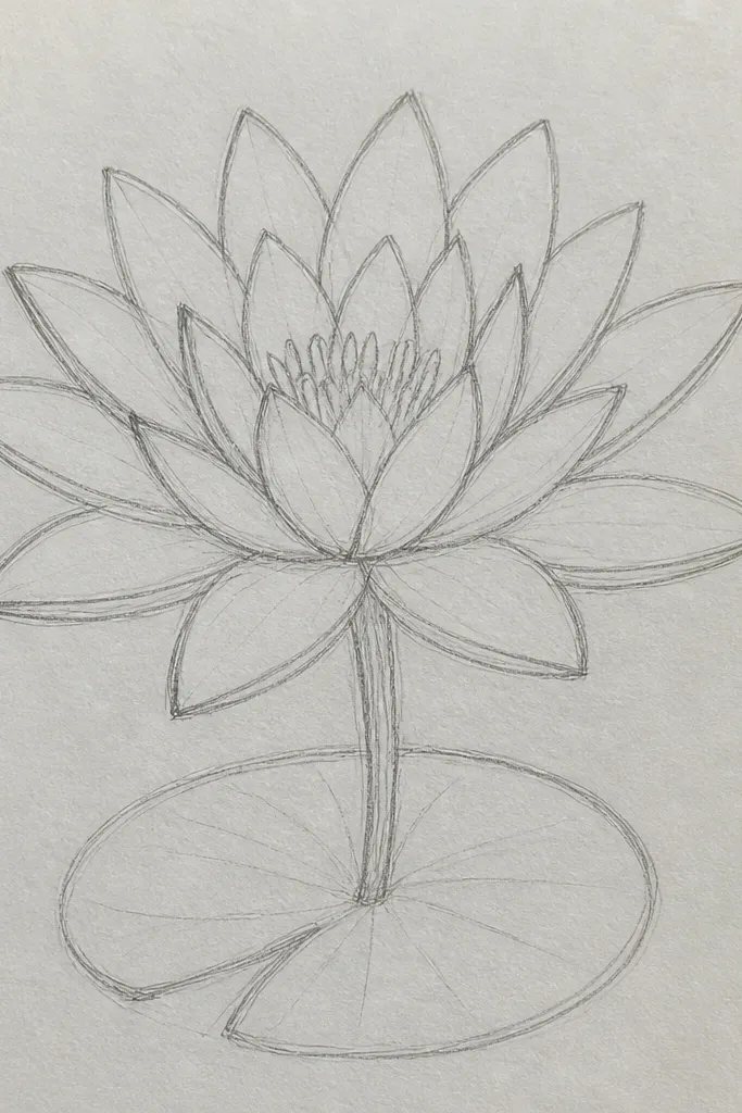 A pencil water lily drawing with crisp white highlights on petals. The highlights are unusually clean, like they're protected by masking. The petals are shaded in pale graphite gradients. The center is darker with dot texture, and the leaf has a soft graphite rim.