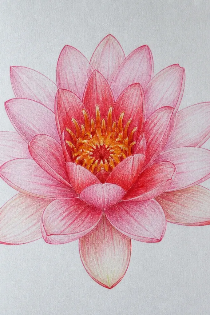 A water lily where the petals are pale cream and light pink, but the center is dramatic with red ink bloom. The stamens are drawn in dark brown, and the center has a watercolor-like red spread. The leaf is muted green with a gentle gradient.