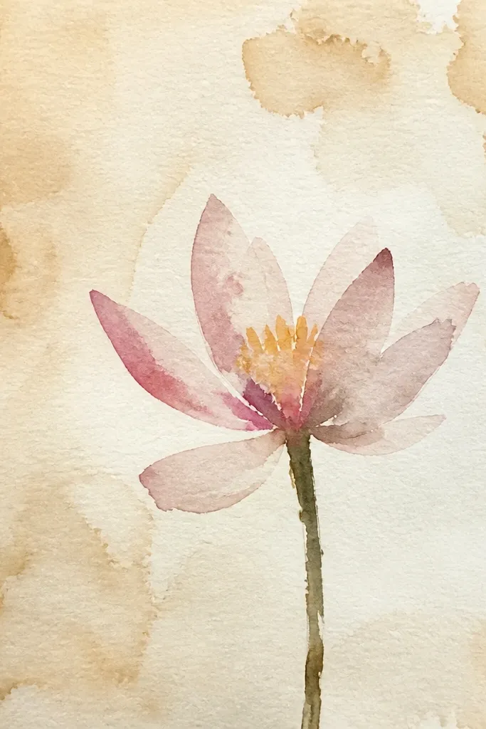 A water lily drawing on aged-looking paper. The background has uneven tea staining in warm beige and soft brown clouds. The lily petals are drawn in pale pencil with gentle peach shading. The leaf is a warm green with darker rim. The tea stains create a dreamy antique pond vibe.
