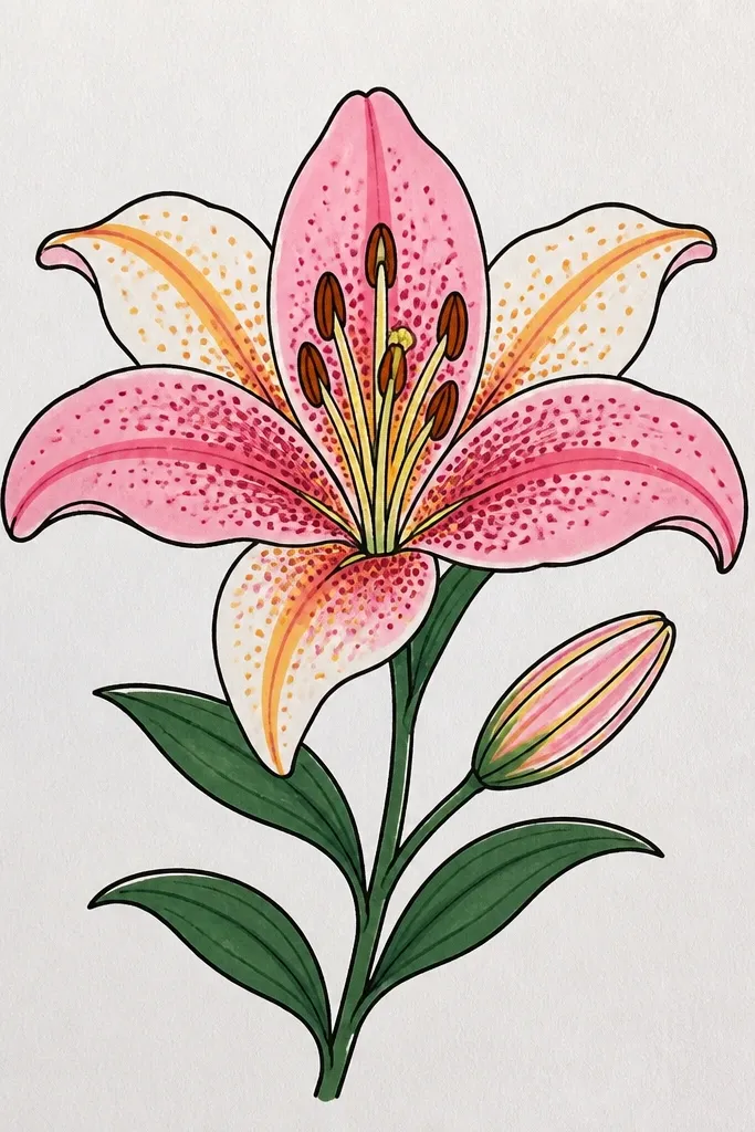 A patterned water lily drawing where petals have tiny dot gradients. The dots are denser near the petal base and fade toward the edges. The center is also dotted, with stamens drawn as short lines. The leaf is plain green with a simple vein pattern. Background is white with a couple of soft gray smudges.
