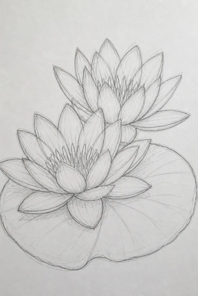 Two water lily flowers: one fully open and one smaller bud-like bloom. They sit on the same large leaf. The open lily petals are pale pink with soft green shadows, and the smaller lily is lighter and more translucent. The leaf has a clear crease line and a darker underside shadow.
