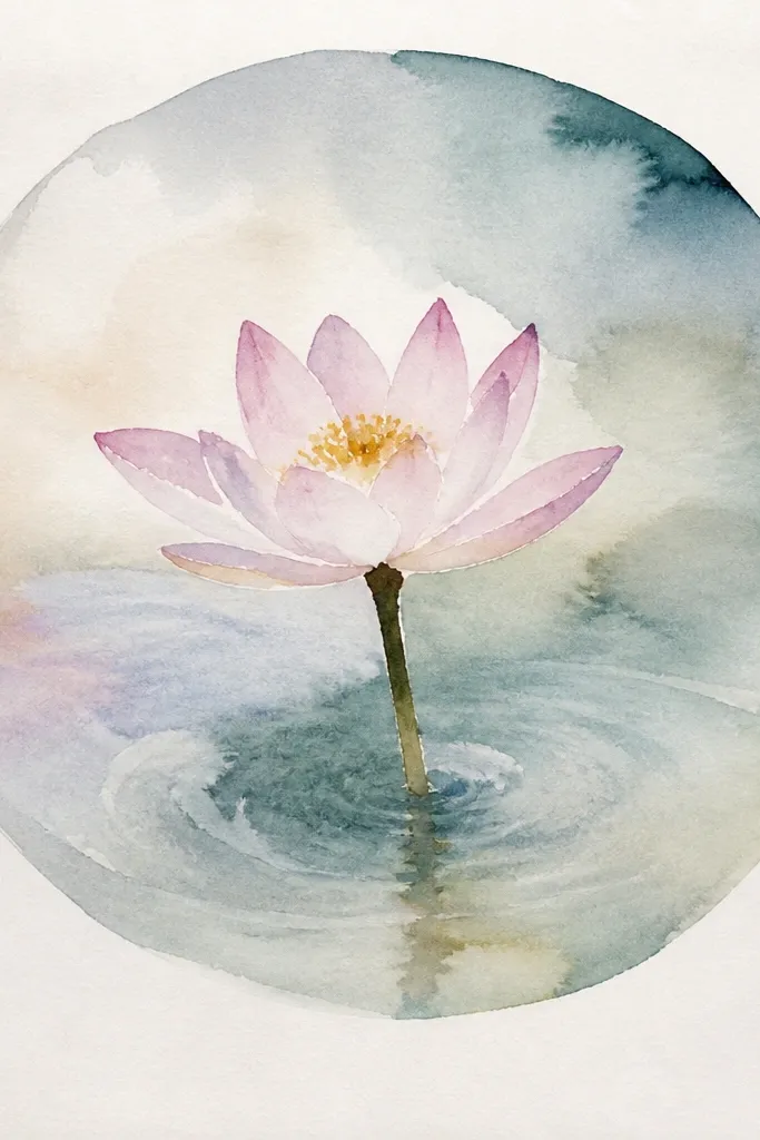 A water lily centered inside a thin circle border. The petals are pale peach with faint purple shadows. Around the flower, there are soft ripple rings in light teal, fading outward. The leaf is partially visible under the flower. Background is light and airy.
