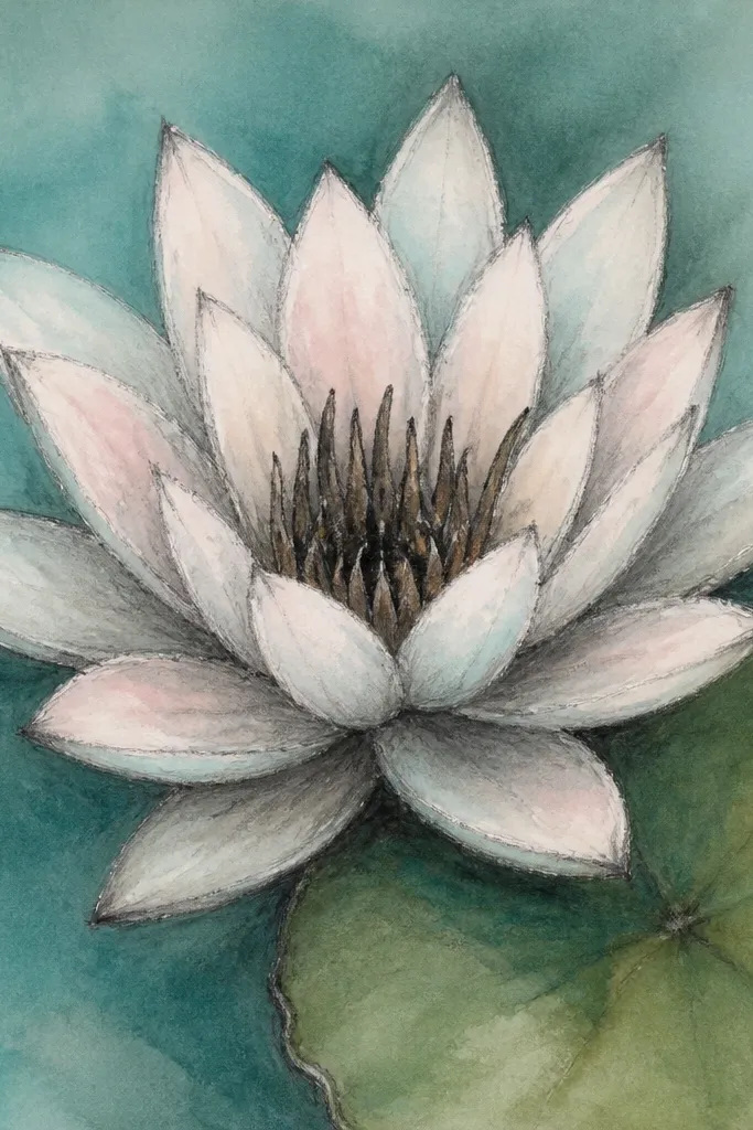 A water lily where the outline and midtones are charcoal, then watercolor washes soften the petals. The petals show smoky gray underpainting with pale aqua and blush watercolor on top. The center is darker charcoal with a faint warm wash. The leaf is watercolor green with charcoal rim definition. Background is a gentle teal wash.