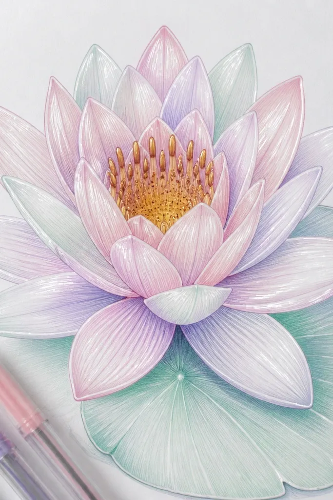 A pastel water lily drawn with gel pens. Petals are shaded in pale pink, lavender, and mint with smooth, even coverage. The highlights look glossy and bright, with clean white streaks on each petal. The center has fine dot detailing in warm yellow and brown. The leaf is mint green with soft shadows.