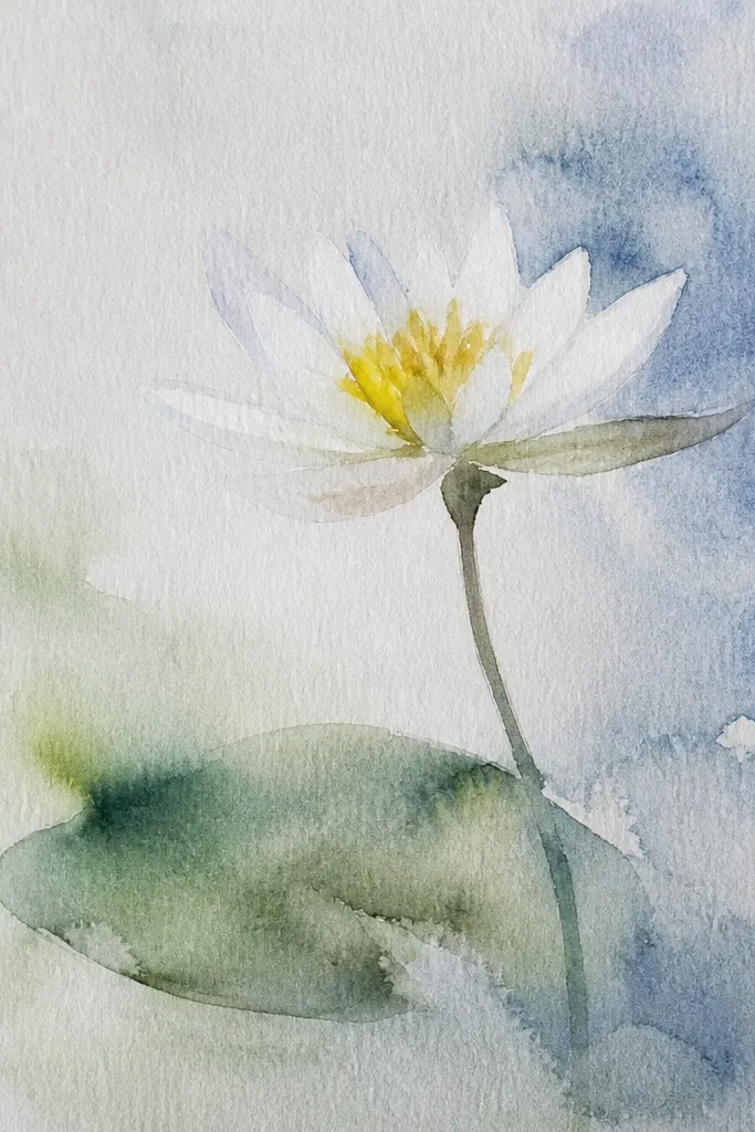 A minimal sumi-style drawing. The water lily is suggested with a few soft brush strokes for petals and a small dot center. The leaf is a single sweeping brush stroke in gray-green with a darker edge. Background is mostly white with faint ink haze around the flower.