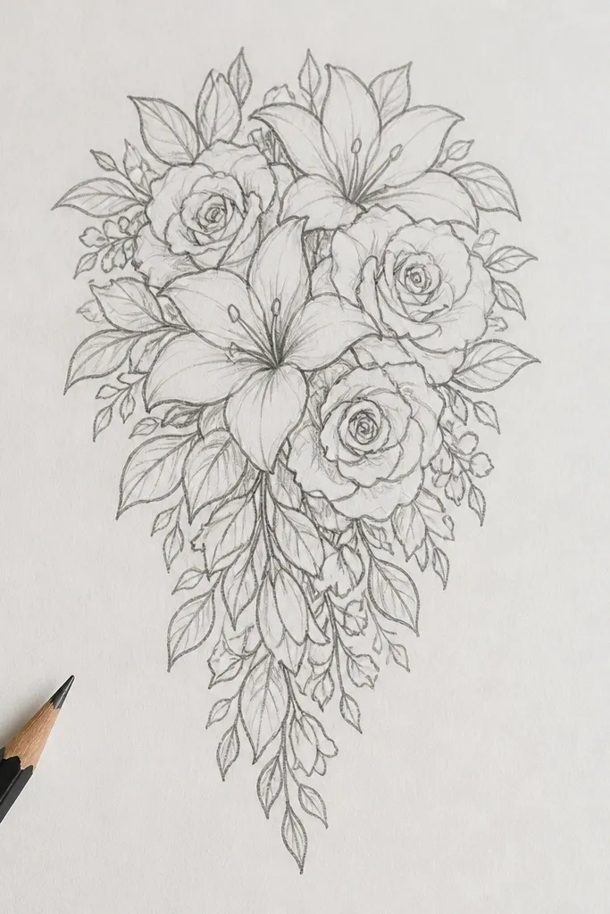 Teardrop bouquet outline with ink lines and soft pencil petal shading on white paper
