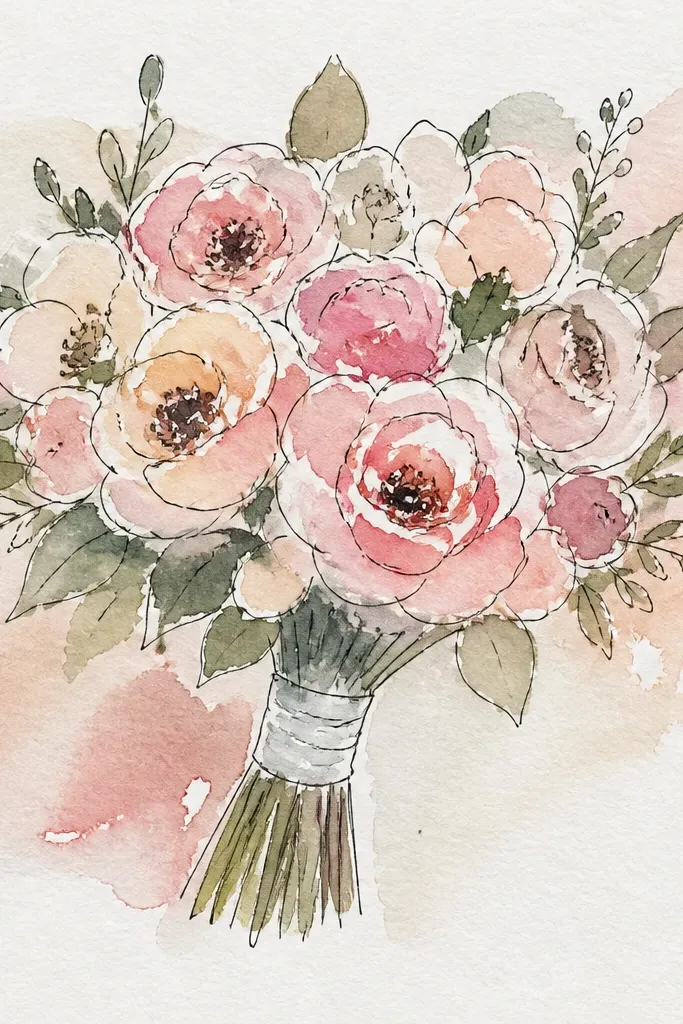 Round bouquet with light watercolor washes and deeper colored centers on petals
