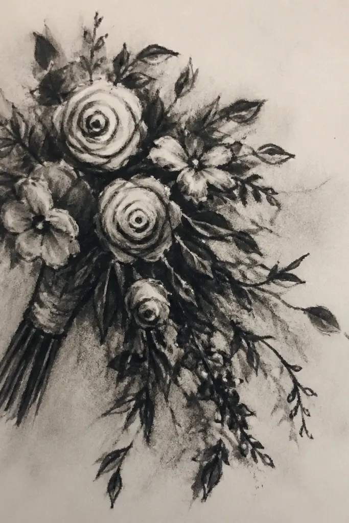 Swooping bouquet with charcoal stems and white highlights on petals