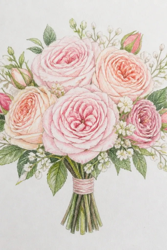 Garden rose bouquet with layered petals drawn using colored pencil
