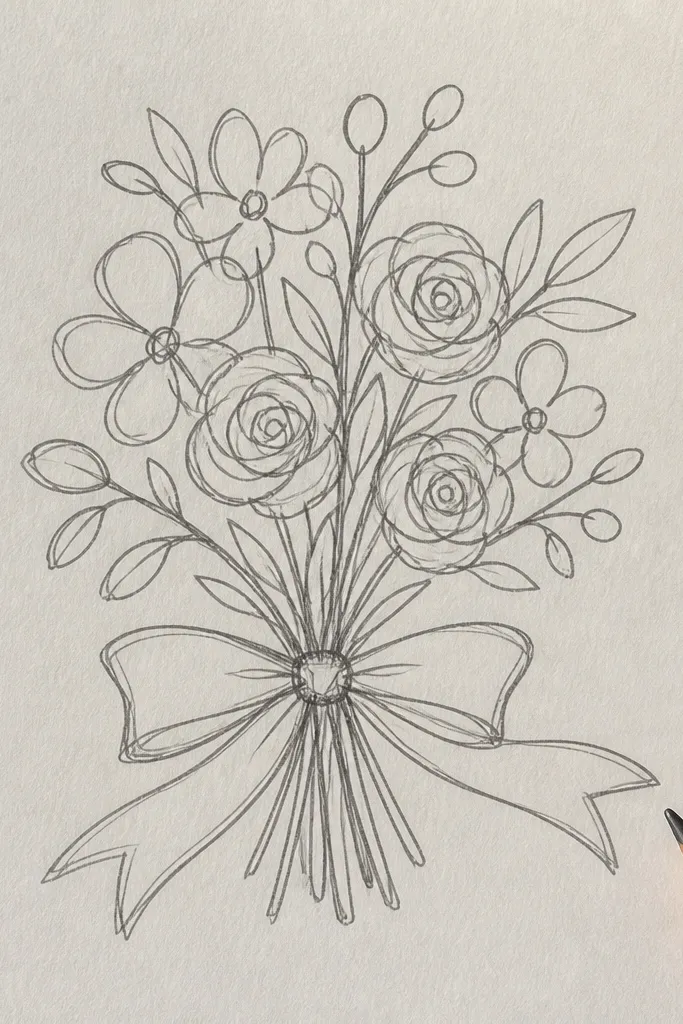 Single-line bouquet drawing with a ribbon banner shape below