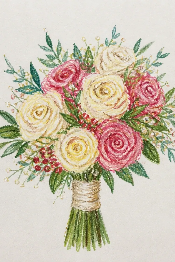 Cream and rose bouquet with small gouache speckles on petals