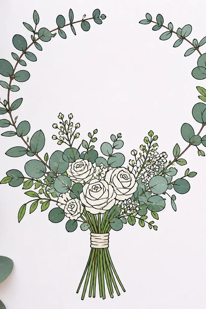 Bouquet centered with eucalyptus leaves forming a negative-space border