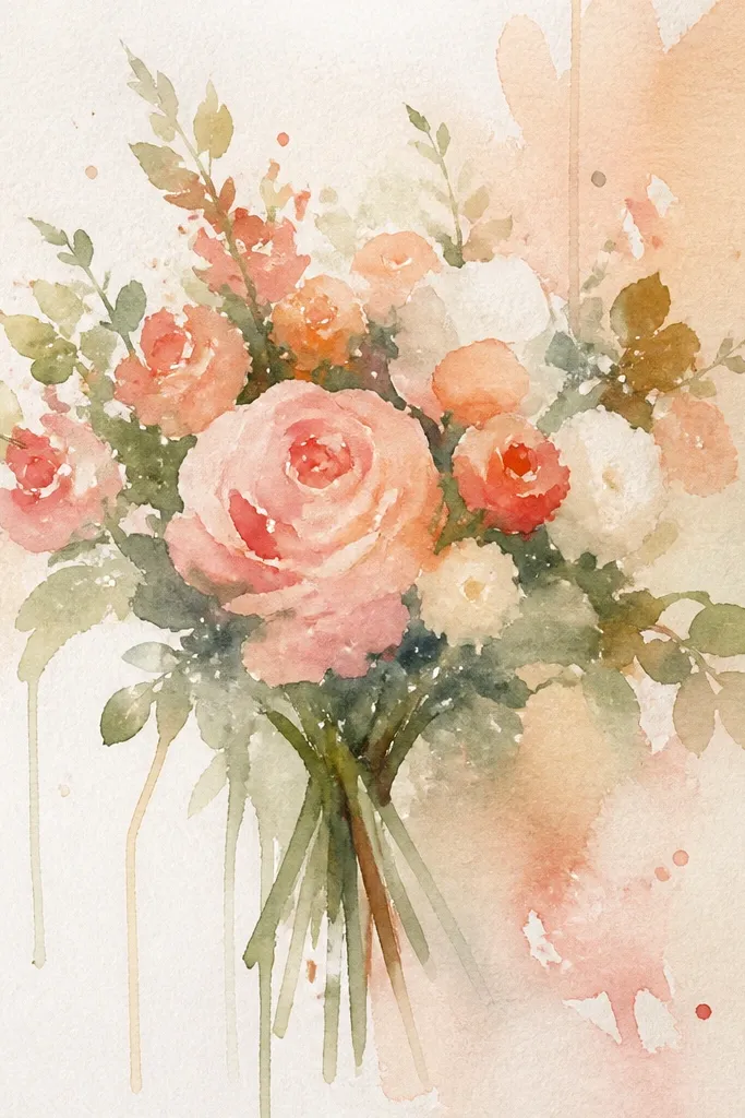 Watercolor bouquet with controlled splatters and small drip accents around petals