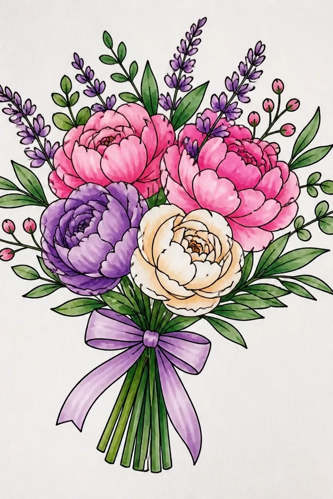 Marker bouquet with dark-to-light gradient edges on petals