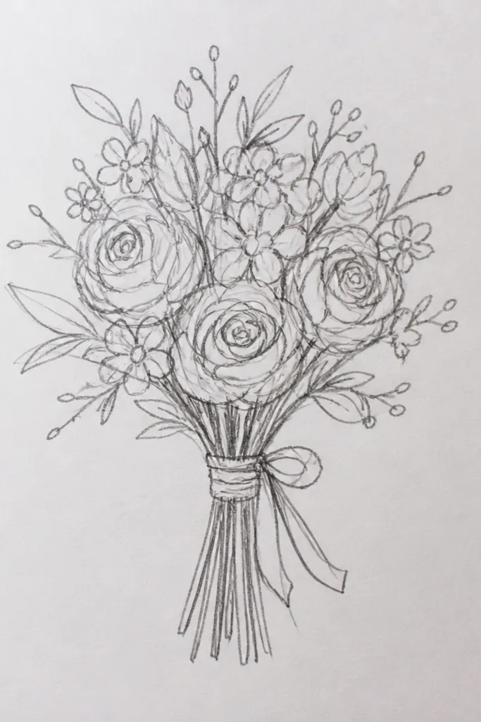 Pencil-only bouquet with graphite smudges and erased highlight blooms