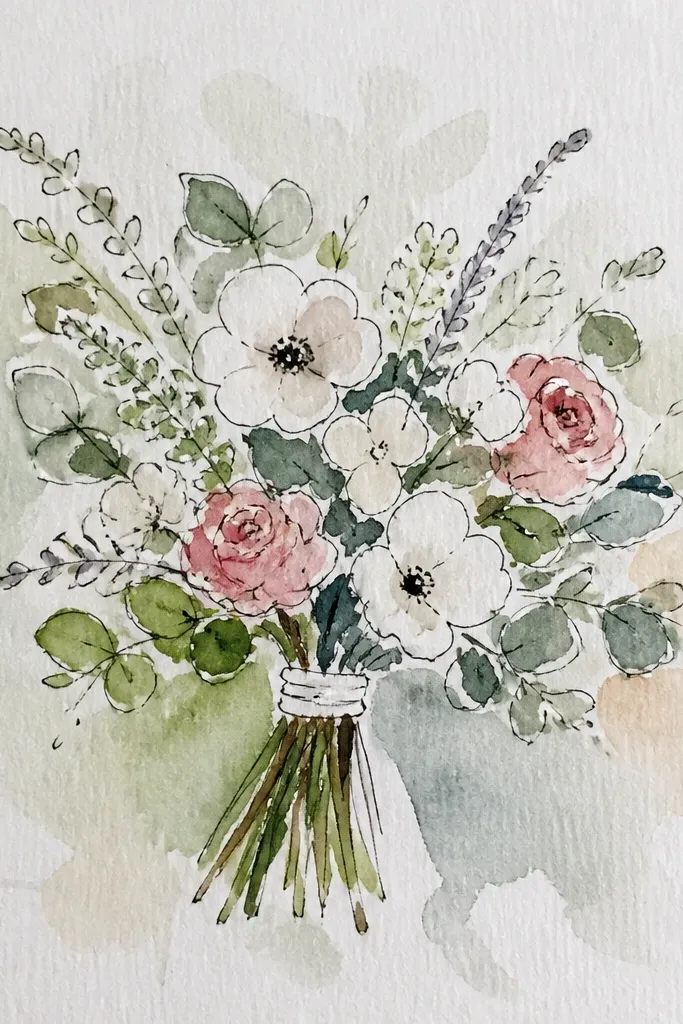 Ink wash bouquet with soft watercolor edges and gentle bleeding