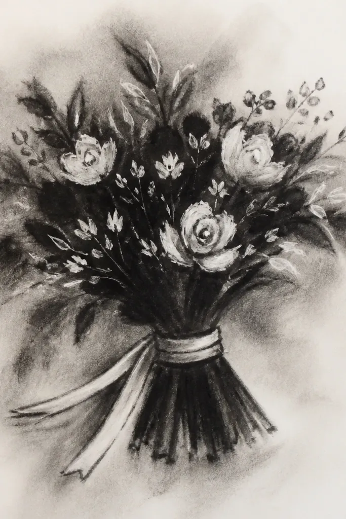 Monochrome bouquet drawn on dark paper with white gel pen petal accents