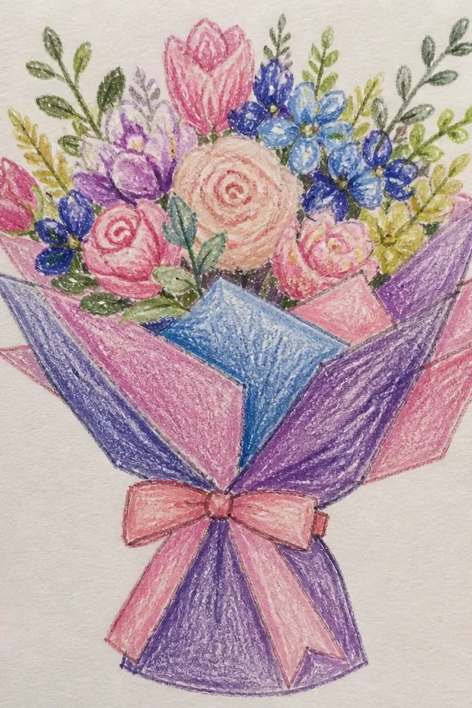 Pastel bouquet made from layered tissue-paper color pieces on paper
