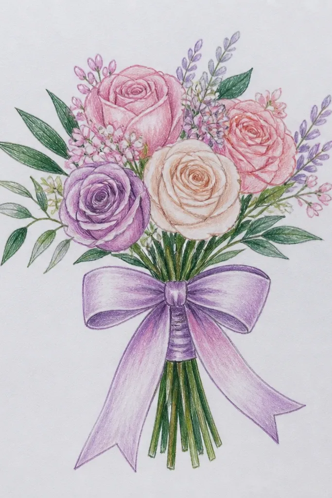 Bouquet with a detailed watercolor ribbon bow shaded with clean folds