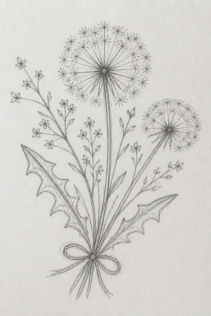 Soft dandelion puff with small star-like buds around it
