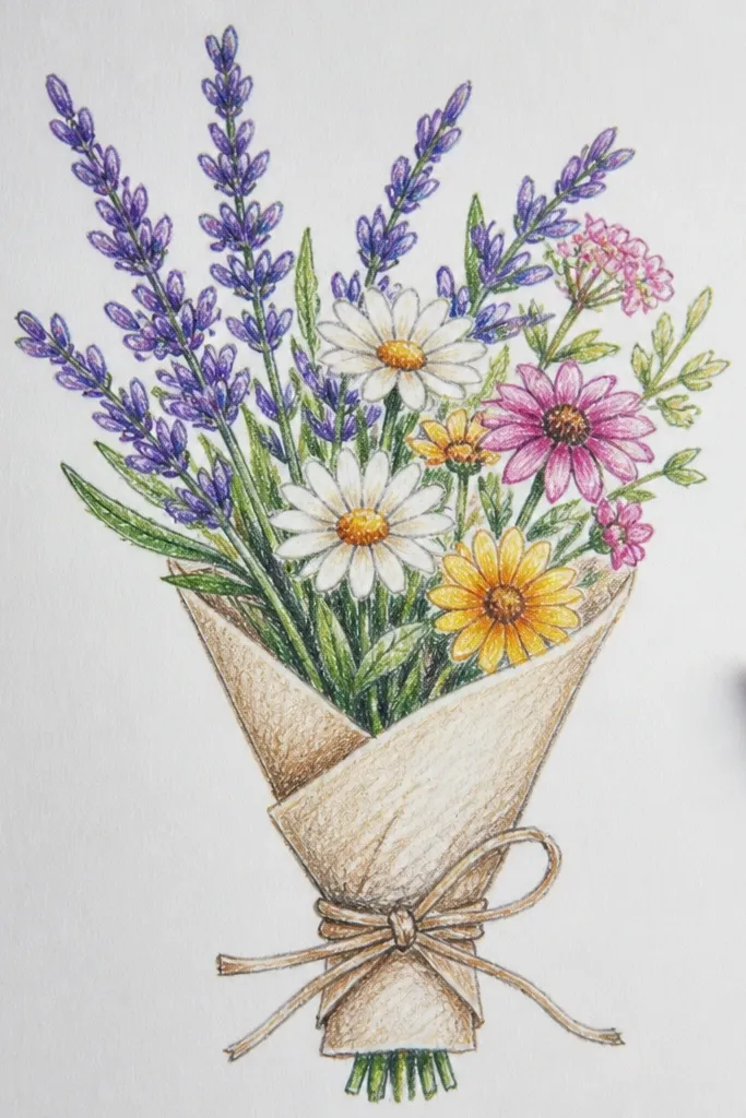 Lavender-like sprigs with slender buds and a gentle curved stem line