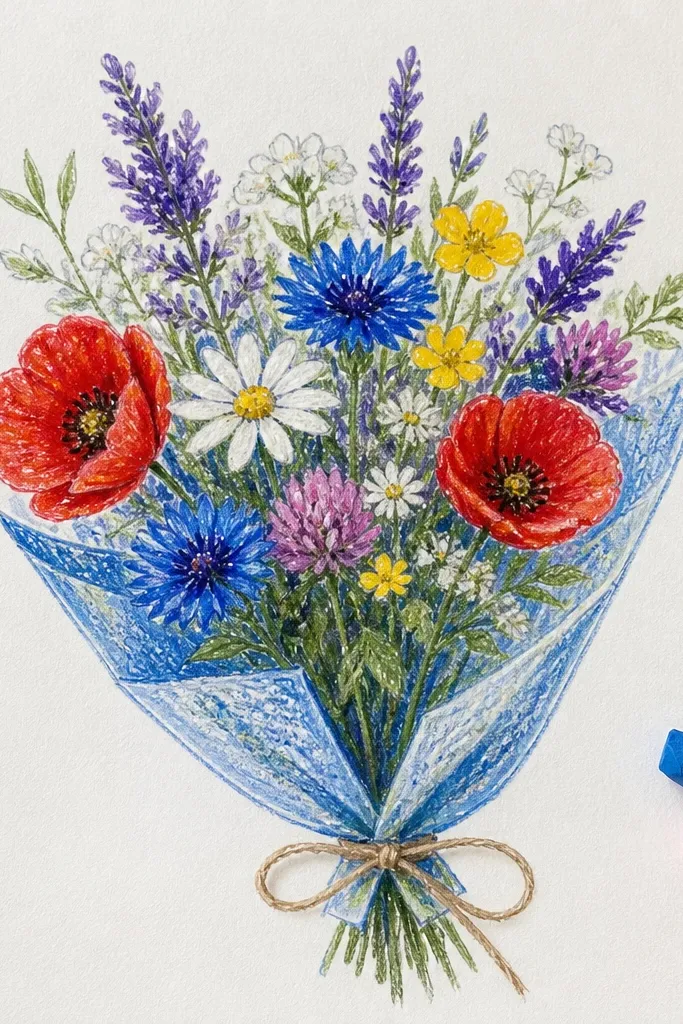 Cornflower-style blue flowers arranged in an arc with thin stems
