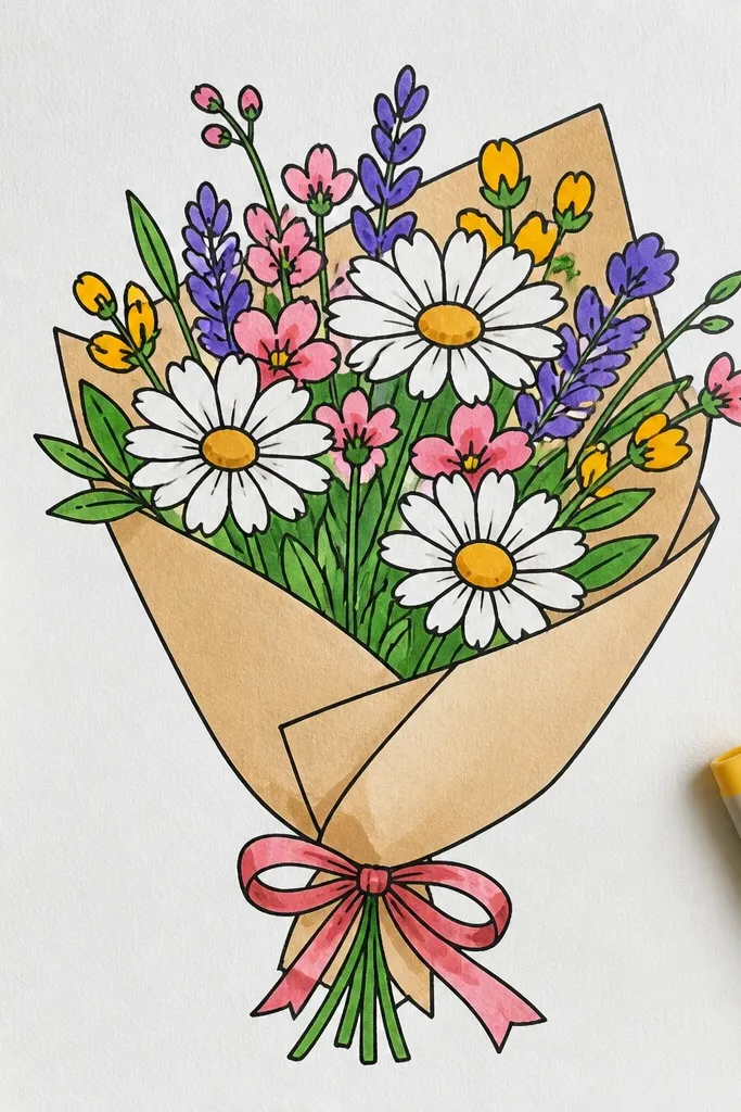Daisies arranged in a spiral with tiny leaves and small buds