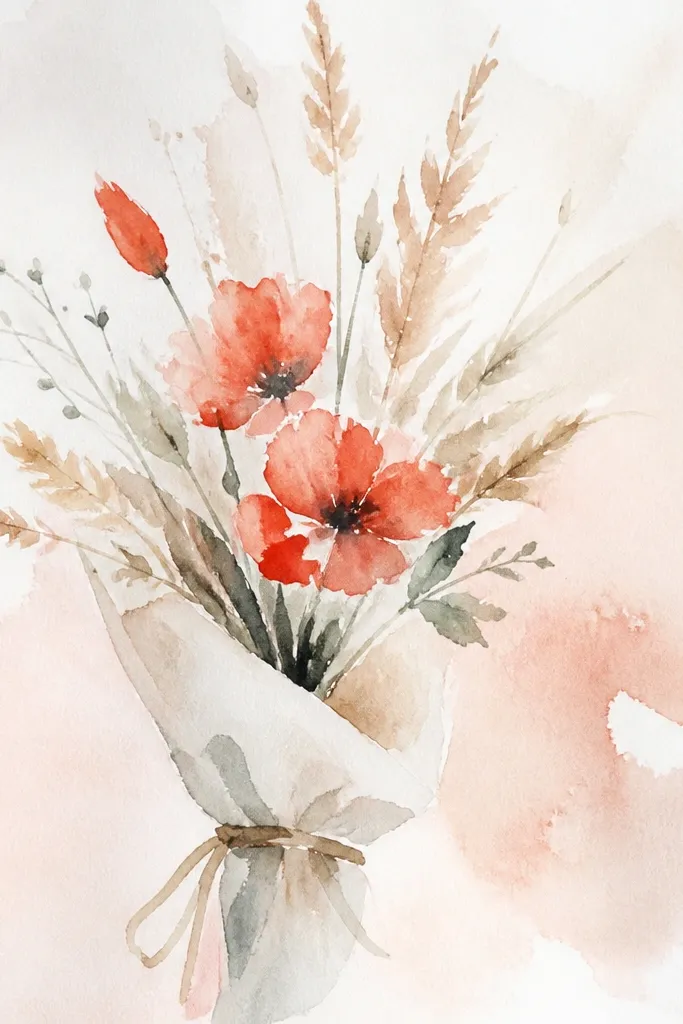 Red poppy bloom with feathery grass stems around it